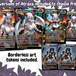 May include: Four versions of Atraxa trading cards are displayed, each featuring a fantasy character with white hair, horns, and wings. The cards include the text "Atraxa, Praetors' Voice" and "Phyrexian Angel Horror". Borderless art tokens are also included.