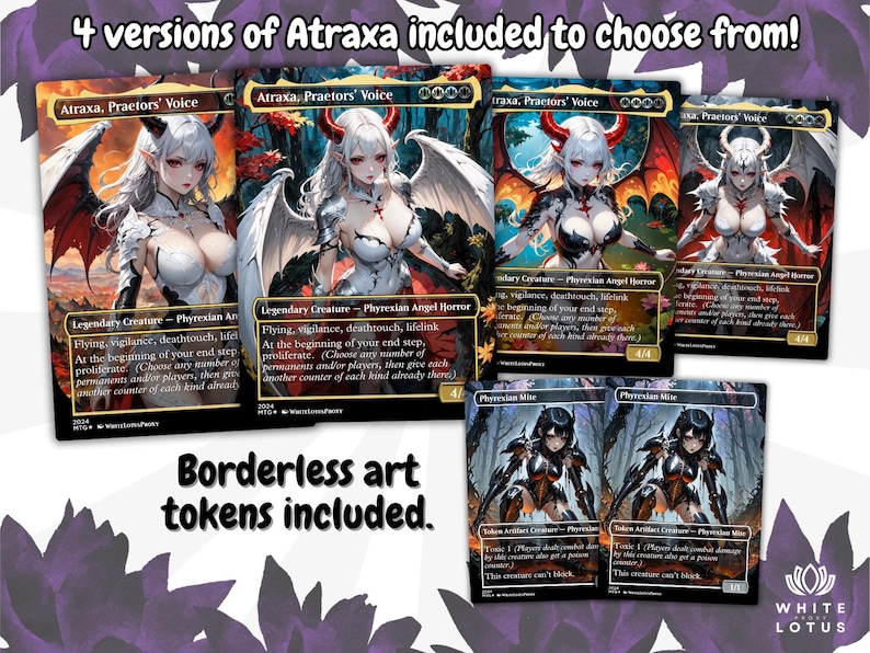 May include: Four versions of Atraxa trading cards are displayed, each featuring a fantasy character with white hair, horns, and wings. The cards include the text "Atraxa, Praetors' Voice" and "Phyrexian Angel Horror". Borderless art tokens are also included.