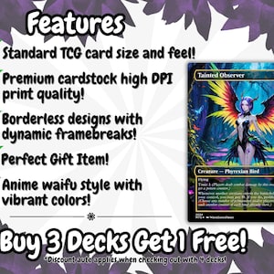 May include: A trading card featuring a fantasy illustration of a Phyrexian Bird with colorful wings. The card has the text "Tainted Observer" and "Creature - Phyrexian Bird." Additional text includes "Features" and "Buy 3 Decks Get 1 Free!"