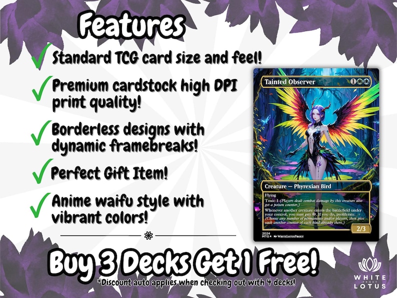 May include: A trading card featuring a fantasy illustration of a Phyrexian Bird with colorful wings. The card has the text "Tainted Observer" and "Creature - Phyrexian Bird." Additional text includes "Features" and "Buy 3 Decks Get 1 Free!"