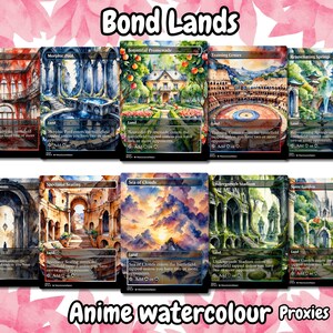Pacchetto terre Bond (10+ carte) Set di terre acquerello anime di 10+ terre proxy personalizzate senza bordi uniche Terre di alta qualità per EDH o cEDH