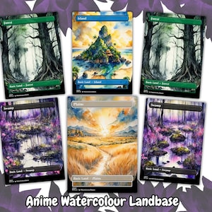 May include: A collection of six watercolor art cards featuring landscapes. The cards include scenes of a forest, island, plains, and swamp. The text "Anime Watercolour Landbase" is at the bottom. The cards have a green, blue, and beige border.