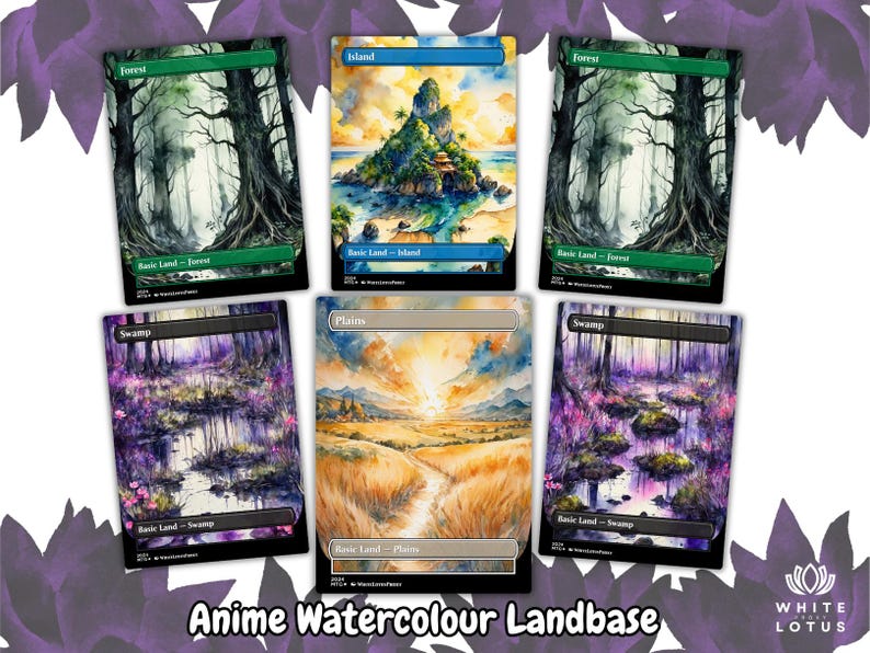 May include: A collection of six watercolor art cards featuring landscapes. The cards include scenes of a forest, island, plains, and swamp. The text "Anime Watercolour Landbase" is at the bottom. The cards have a green, blue, and beige border.