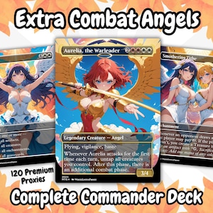 Könnte beinhalten: Drei Fantasy-Sammelkarten mit Engeldarstellungen. Die Karten zeigen den Text "Extra Combat Angels" und "Complete Commander Deck". Die Karten haben farbenfrohe Kunstwerke und den Text "Farewell", "Aurelia, the Warleader" und "Smothering Tithe".