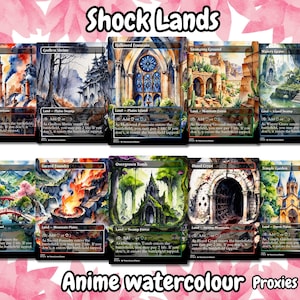 Pacchetto di terre Shock (oltre 10 carte) Set di terre acquerello anime di oltre 10 terre proxy personalizzate senza bordi Terre di alta qualità per EDH o cEDH