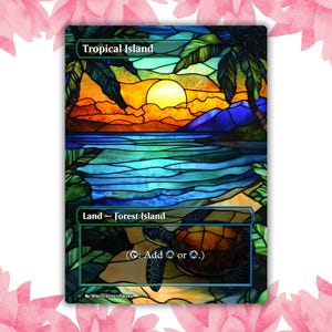 Cartão de procuração personalizado de anime Waifu com vitral de ilha tropical, cartão único para comandante EDH, presente para ele/ela