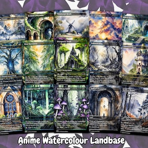 May include: A collection of anime-style watercolor landbase cards. Each card features a unique landscape, including forests, ruins, and natural scenes. The cards are predominantly blue, green, and purple, with the text "Anime Watercolour Landbase" at the bottom.