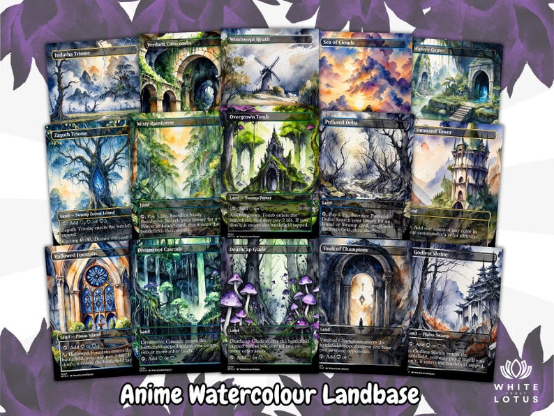 May include: A collection of anime-style watercolor landbase cards. Each card features a unique landscape, including forests, ruins, and natural scenes. The cards are predominantly blue, green, and purple, with the text "Anime Watercolour Landbase" at the bottom.