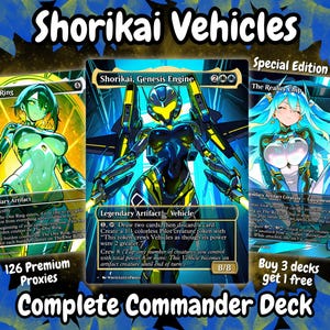 May include: Image of three trading card game cards. The cards feature anime-style illustrations of female characters and vehicles. Text on the cards includes "Shorikai Vehicles," "Legendary Artifact," and "Complete Commander Deck."