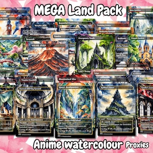 May include: A collection of anime watercolor proxies featuring various landscapes, including volcanic islands, temples, and forests. The cards are labeled with names like "Volcanic Island" and "Overgrown Tomb," with the text "MEGA Land Pack" at the top.