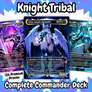 Pode incluir: Um baralho Commander completo de 126 proxies premium com três cartas de arte fantástica com personagens de cavaleiras femininas. As cartas têm um esquema de cores roxo, azul e branco, com o texto "Knight Tribal" no topo.