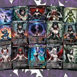 May include: A collection of fantasy art trading cards featuring various female characters in detailed illustrations. The cards showcase a range of colors and styles, with text and symbols. The White Lotus logo is visible in the bottom right corner.