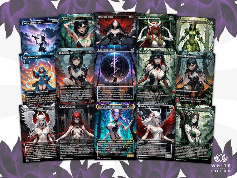 May include: A collection of fantasy art trading cards featuring various female characters in detailed illustrations. The cards showcase a range of colors and styles, with text and symbols. The White Lotus logo is visible in the bottom right corner.