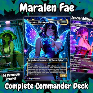 May include: A set of three fantasy art cards featuring the text "Maralen Fae" at the top. The cards include a green-skinned elf, a fairy with blue wings, and a woman in a kimono. The text "126 Premium Proxies" and "Complete Commander Deck" are also visible.