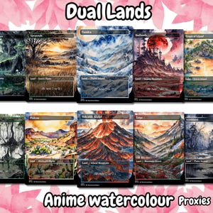 Pack de deux terrains (plus de 10 cartes) Ensemble de 10 terrains animés aquarelles et plus de 10 terrains proxy personnalisés uniques sans bordures Terrains de haute qualité pour EDH ou cEDH