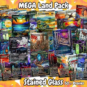 May include: A selection of stained glass-style cards depicting landscapes such as islands, mountains, and forests. The cards are brightly coloured and feature the text "MEGA Land Pack" and "Stained Glass 50+ Proxies".