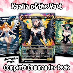 Könnte beinhalten: Ein Satz von drei Premium-Proxy-Karten mit Fantasy-Kunst. Die Karten zeigen Illustrationen von weiblichen Charakteren mit Engel- und Dämonen-Themen. Der Text "Kaalia of the Vast" und "Complete Commander Deck" sind sichtbar.
