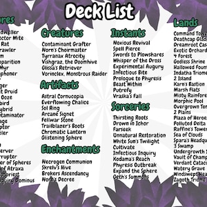 May include: A white and purple deck list for a card game, featuring categories like Creatures, Instants, and Lands. The list includes various card names, with a White Lotus logo at the bottom.