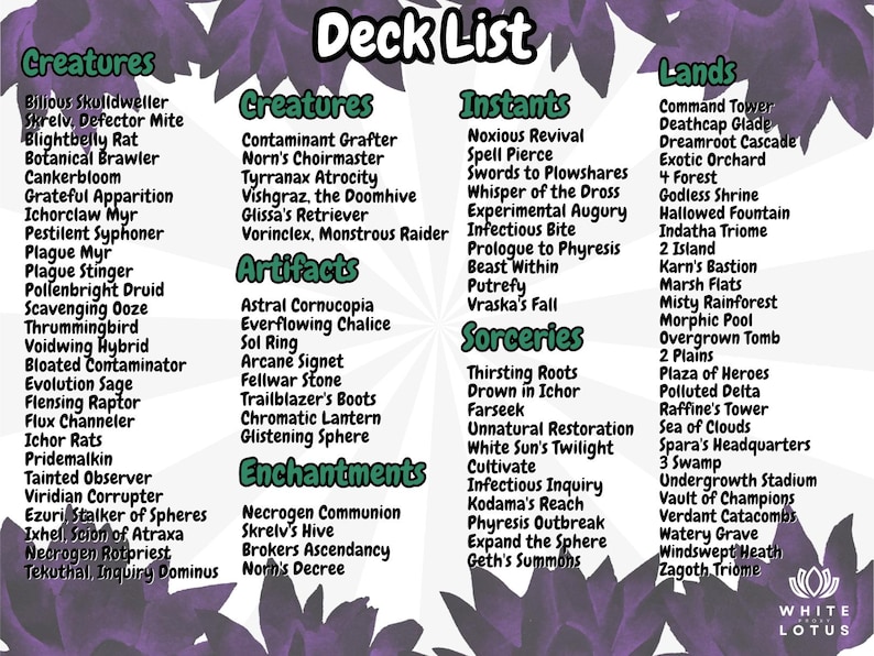 May include: A white and purple deck list for a card game, featuring categories like Creatures, Instants, and Lands. The list includes various card names, with a White Lotus logo at the bottom.
