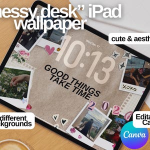 Anpassningsbar iPad-bakgrund | Stökigt skrivbord, estetisk låsskärm | Collage, scrapbook, högkvalitativ, omedelbar digital nedladdning för anpassning