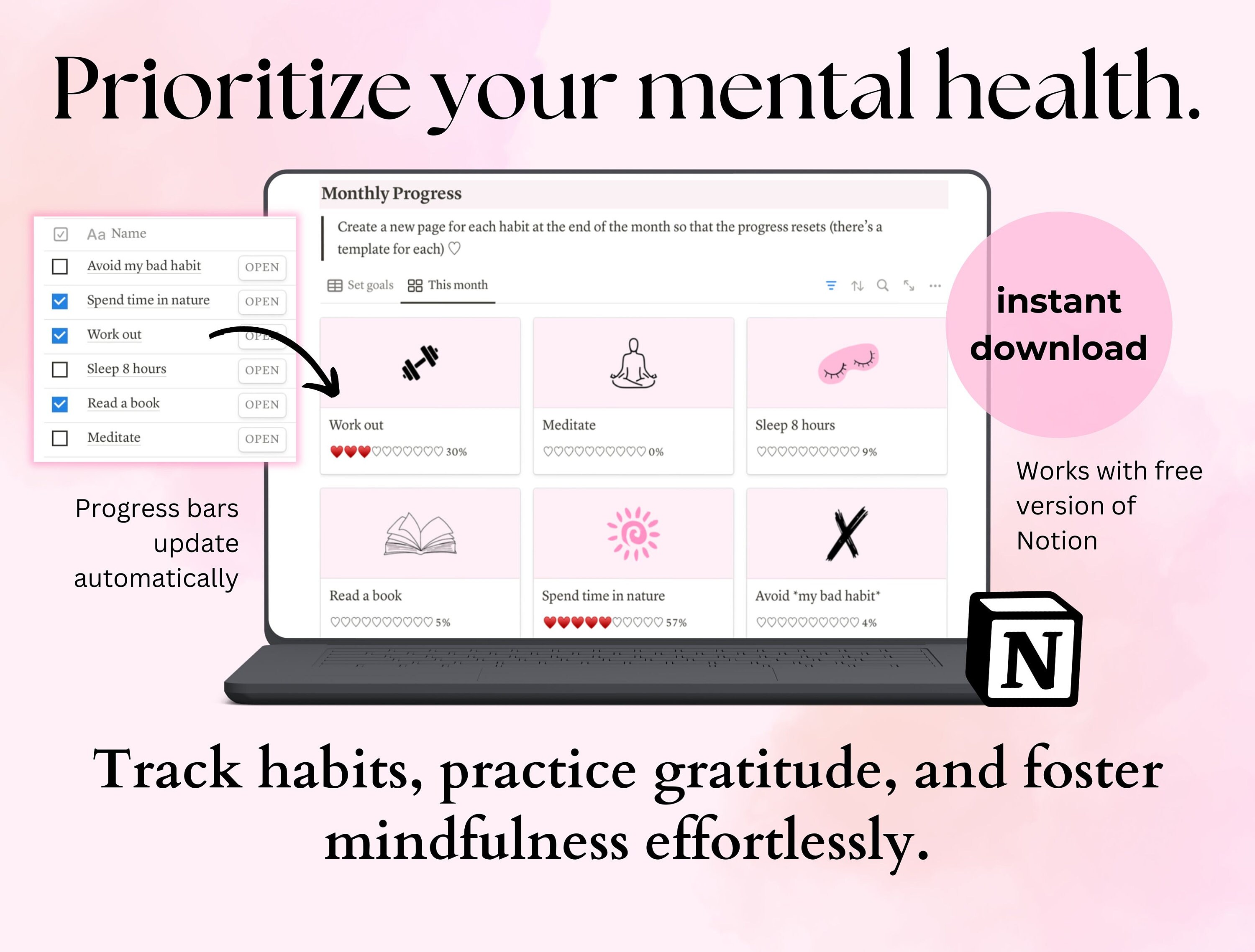Pink Mental Health Notion Template With Journal Prompts, Habit & Goal ...