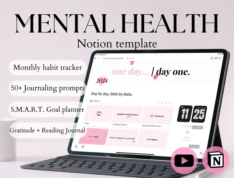 Pink Mental Health Notion Template With Journal Prompts, Habit & Goal ...
