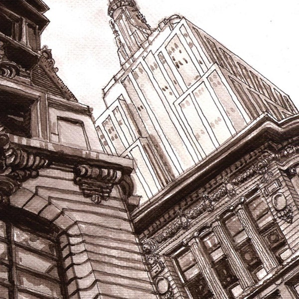 A fine original pen and ink rendering of New York City's Empire State Building. (ships free in the US)