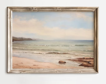 Pastel Beach Painting - Soft Toned Ocean Landscape, Detailed Sky and Gentle Waves, Realistic Coastal Art Print for Home Deco