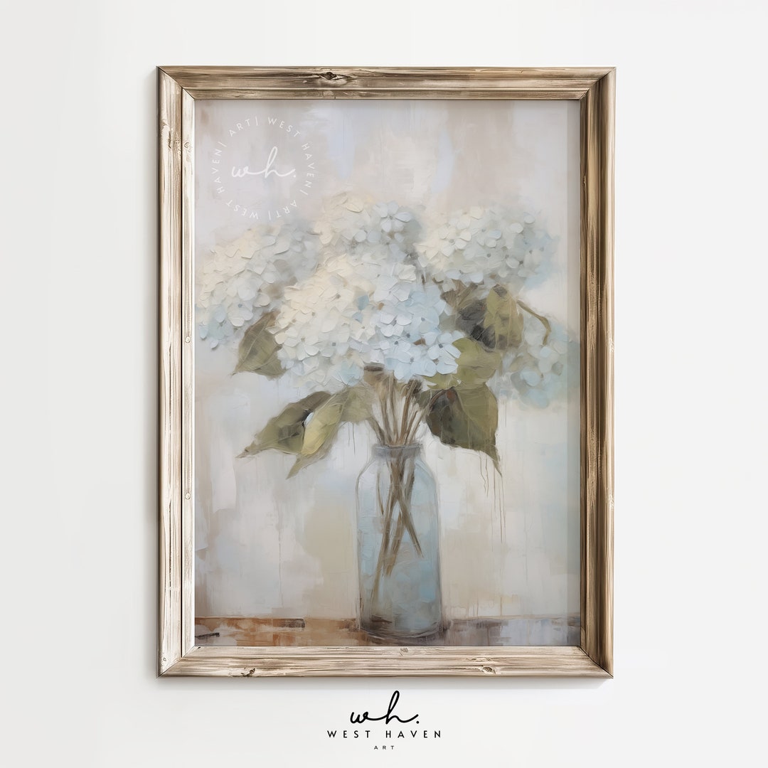 Hydrangea Oil Painting | Neutral Wall Art, White Floral Print, Modern ...