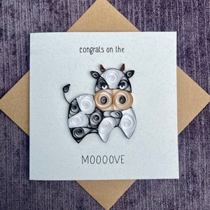 Cartão acolchoado exclusivo feito à mão – trocadilho de parabéns em movimento – com tema de vaca – nova casa / parabéns / novo emprego / formatura / mudança