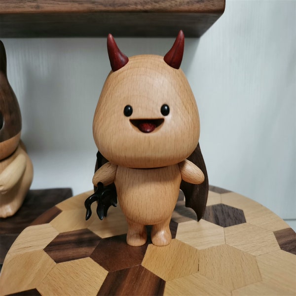 Handcrafted Wooden Devil Doll Artisan Demon Figurine Sculpture Wooden Evil Spirit Toy for Display
