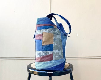 joodito vintage denim patchwork bucket shoulder tote bag blue jean camo sling handbag hippie boho hobo upcycle handmade eco zero waste ooak