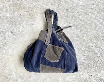 joodito corduroy patchwork tote bohemian blue brown slouchy oversized market handbag reusable upcycled boro japanese unisex bag boxy cotton