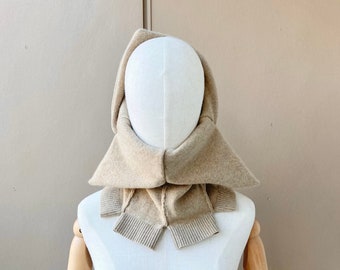 joodito 100% cashmere cowl snood avant garde minimalist high collar wrap scarf camel beige tan winter tube gaiter upcycled sweater organic