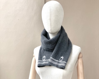 joodito 100% cashmere upcycled scarf wrap neck warmer neckwarmer gray grey embroidered cottagecore minimalist long one of a kind ooak winter