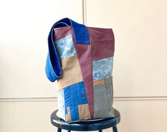 joodito patchwork crossbody tote bag messenger upcycled denim jean asymmetric hippie rustic sling boho hobo purse blue purple camo camel tan