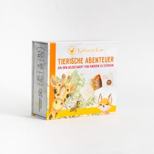 Könnte beinhalten: Eine Schachtel mit "Tierische Abenteuer" Karten, die eine Giraffe, einen Fuchs und eine Biene zeigen. Die Schachtel ist gelb und orange mit dem Text "Katharina Kair" und "Um den Selbstwert von Kindern zu stärken".
