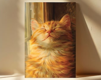May include: A close-up of a ginger cat with its eyes closed, basking in the sunlight. The cat is sitting near a window and has a relaxed, happy expression.