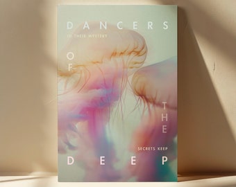 Pode incluir: Um pôster com fundo verde claro que apresenta um close-up de três águas-vivas com tons de rosa, azul e amarelo. O texto "DANCERS OF THE DEEP" está escrito em branco com as palavras "SECRETS KEEP" em branco menor abaixo. O texto "IN THEIR MYSTERY" está escrito em branco menor acima das águas-vivas.