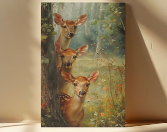 Three Curious Deer in Forest Print - Cozy Animal Art Poster, Nature-Inspired Wall Decor | Print Only