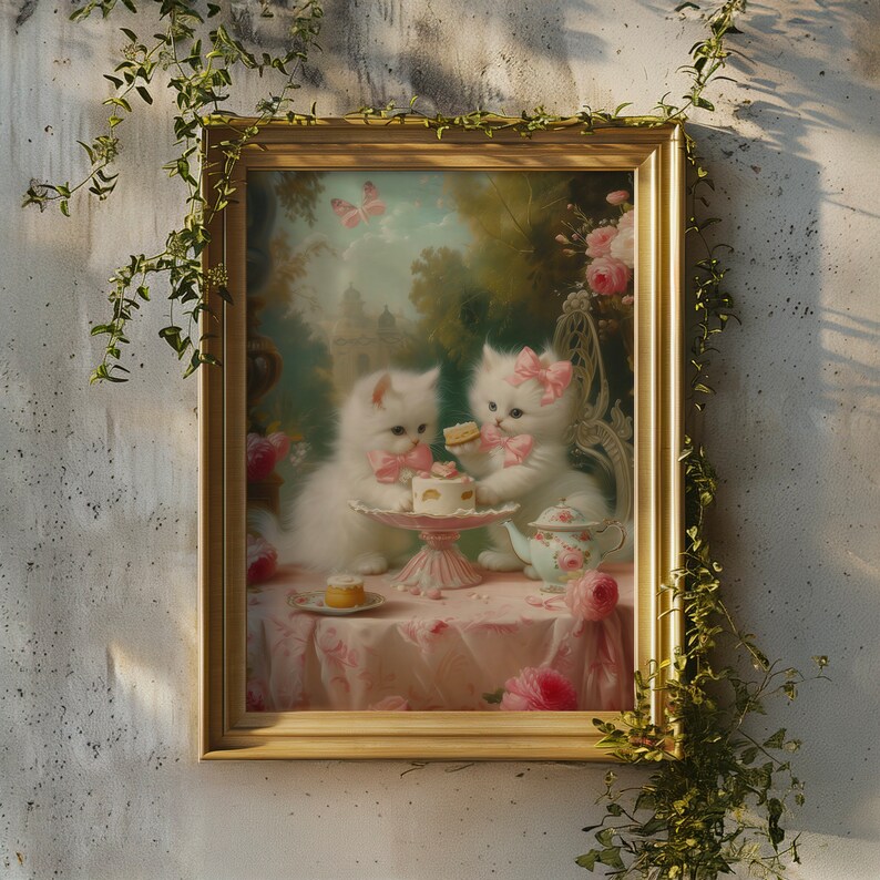 Victorian Tea Party Kittens Poster Renaissance Animal Art Print