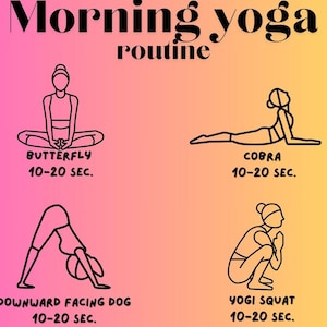 Peut inclure: Sur un fond dégradé coloré, le texte "Morning yoga routine". L'image présente quatre postures de yoga : Papillon, Cobra, Chien tête en bas et Squat Yogi, chacune avec une suggestion de temps de 10 à 20 secondes.