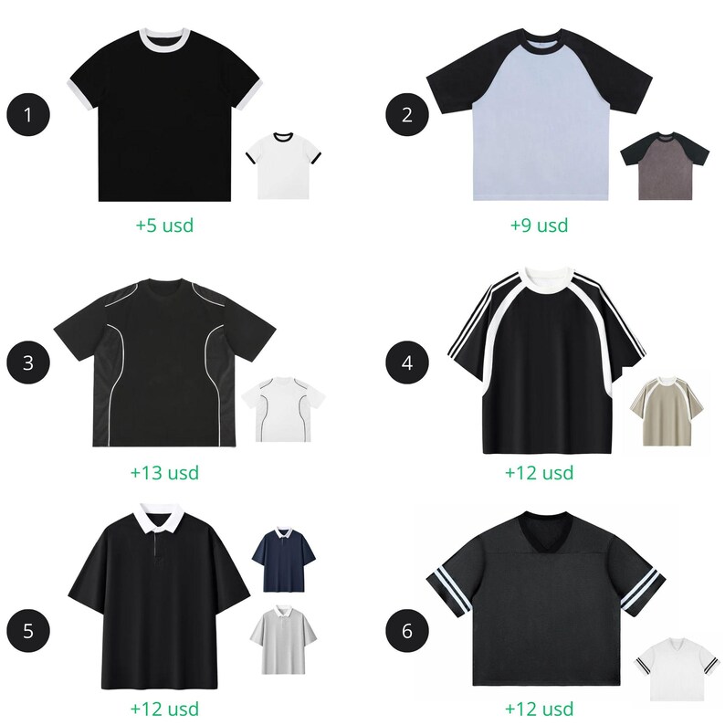 May include: A selection of six t-shirts in different designs and colours. Includes a black tee with white trim, a light blue and black raglan, a black athletic tee, a black tee with white stripes, a black polo, and a black tee with white stripes.