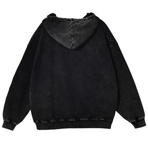 May include: Black hooded sweatshirt with a faded, distressed look. The hoodie has a drawstring hood, long sleeves, and ribbed cuffs and hem. The back view shows the stitching details of the hood.