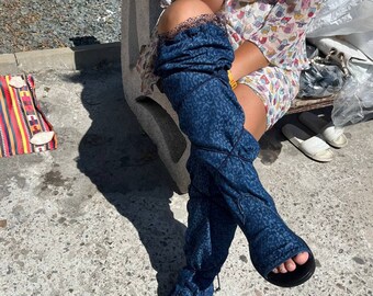 Femme peep toe textile lin coton denim bleu jeans bottes d'été découpées sandales de gladiateur perforées bottes de sandale respirantes bottes urbaines