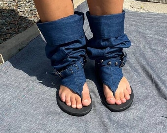 Femme peep toe textile lin coton denim bleu jeans bottes d'été découpées sandales de gladiateur perforées bottes de sandale respirantes bottes urbaines