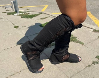 Femme peep toe textile lin coton denim bleu jeans bottes d'été découpées sandales de gladiateur perforées bottes de sandale respirantes bottes urbaines