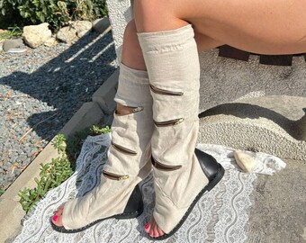 Damen-Peep-Toe-Textil-Leinen-Baumwoll-Denim-Blue-Jeans-Sommerstiefel, ausgeschnittene, perforierte Gladiator-Sandalen, atmungsaktive Sandalenstiefel, urbane Stiefel