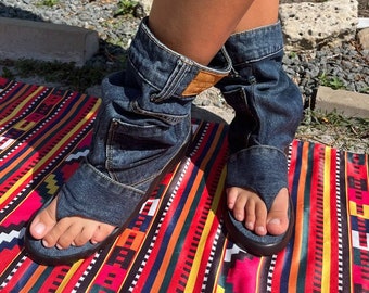 Damen-Peep-Toe-Flip-Flops aus Textil-Denim, blaue Jeans, Sommer-Tangas, ausgeschnittene, perforierte Gladiator-Sandalen, atmungsaktive Sandalenstiefel, urbane Stiefel