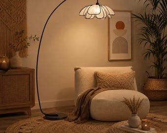 Lámpara de pie Wabi Sabi Flower – Lámpara de pie moderna con arco para sala de estar y dormitorio, luz ambiental LED para sofá, decoración bohemia retro para el hogar.